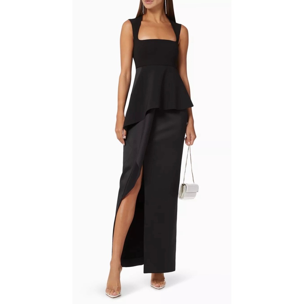 Solace London Ally Maxi Dress Black Peplum Square Neck Satin Skirt Gown US‎ 0